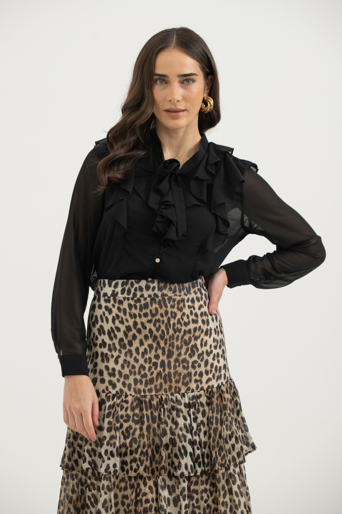 9038335 - Camisa Chiffon Babados Manga Longa PRETO 9038335 - Camisa Chiffon Babados Manga Longa PRETO