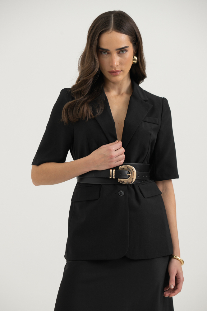 9038350 - Blazer Alfaiataria Manga Curta Alongado PRETO