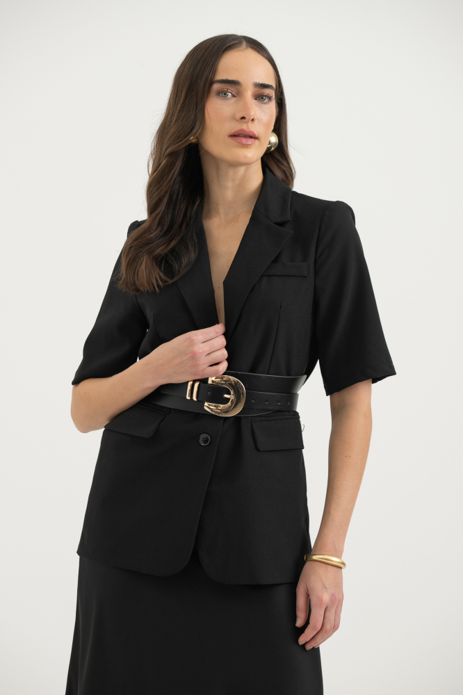 9038350 - Blazer Alfaiataria Manga Curta Alongado PRETO