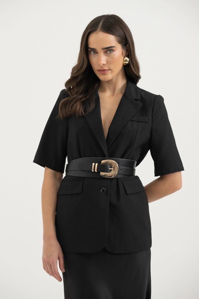9038350 - Blazer Alfaiataria Manga Curta Alongado PRETO - Imagem 1