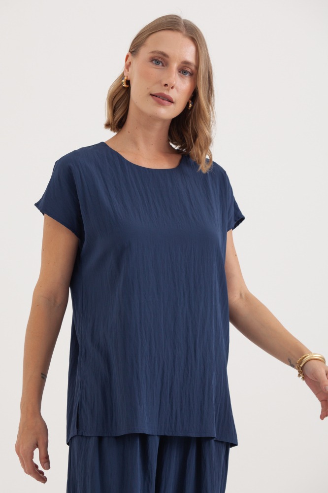 9038351 - Blusa Manga Curta Fendas Laterais MARINHO 