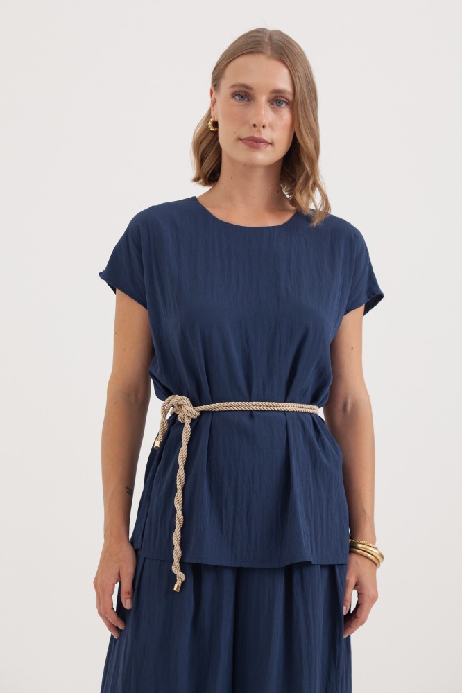 9038351 - Blusa Manga Curta Fendas Laterais MARINHO 