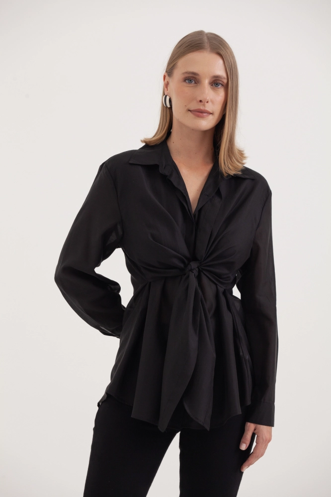 9038355 - Camisa Manga Longa Amarração Frontal PRETO 9038355 - Camisa Manga Longa Amarração Frontal PRETO - Imagem 1