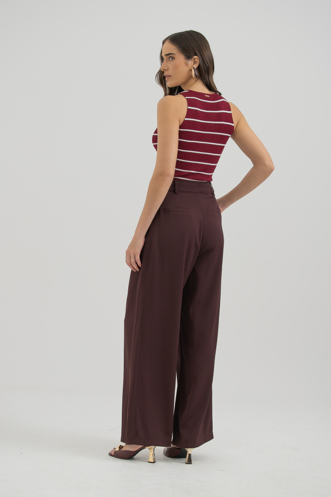 9038358 - Calça Pantalona Pregas Frontais Cós Recorte AMEIXA