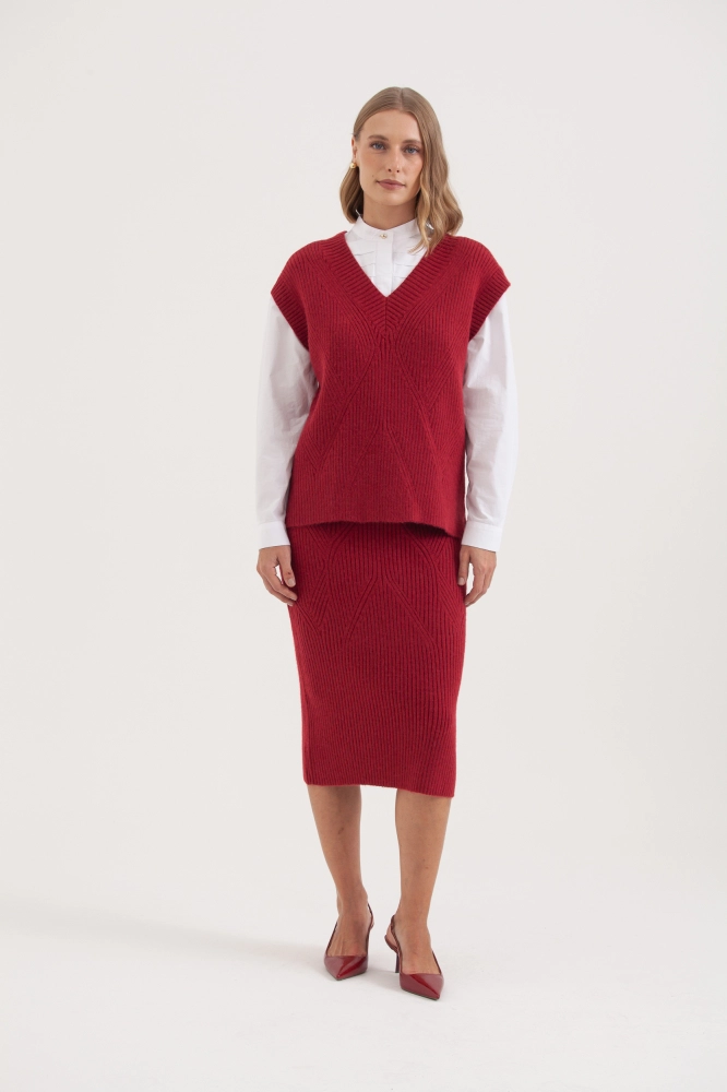 9038387 - Saia Midi Tricot Canelada VINHO - Imagem 1
