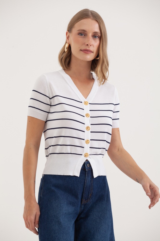 9038388 - Blusa Tricot Manga Curta Listras E Botões OFF-WHITE 9038388 - Blusa Tricot Manga Curta Listras E Botões OFF-WHITE
