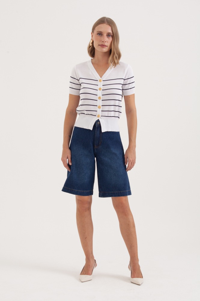 9038388 - Blusa Tricot Manga Curta Listras E Botões OFF-WHITE 9038388 - Blusa Tricot Manga Curta Listras E Botões OFF-WHITE