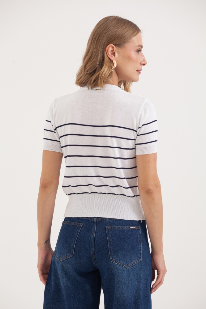9038388 - Blusa Tricot Manga Curta Listras E Botões OFF-WHITE 9038388 - Blusa Tricot Manga Curta Listras E Botões OFF-WHITE