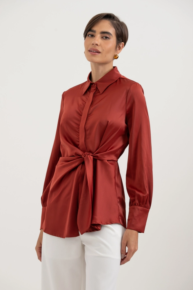 9038395 - Camisa Manga Longa Acetinada Amarração FERRUGEM - Imagem 1