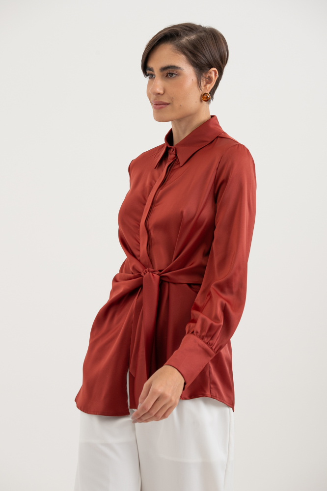 9038395 - Camisa Manga Longa Acetinada Amarração FERRUGEM 9038395 - Camisa Manga Longa Acetinada Amarração FERRUGEM