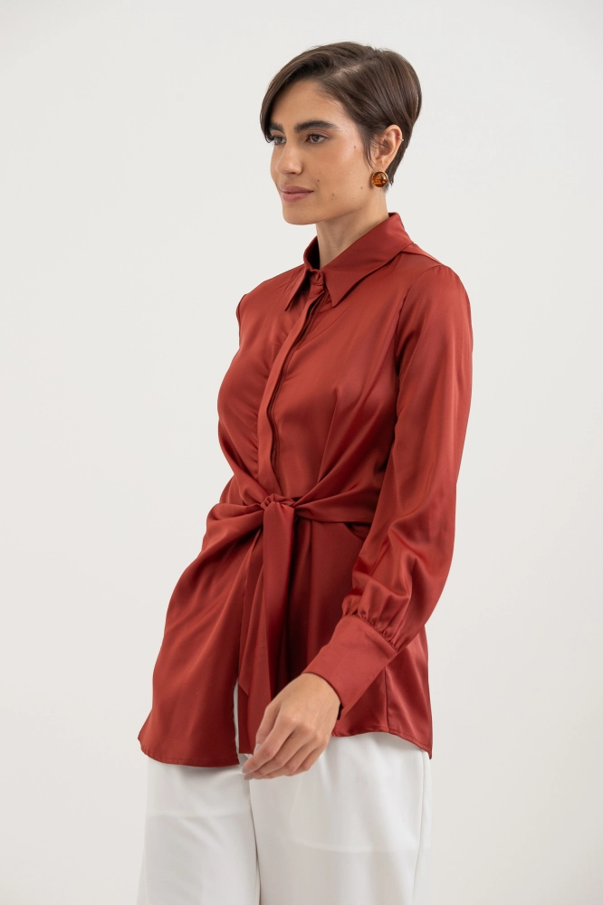 9038395 - Camisa Manga Longa Acetinada Amarração FERRUGEM - Imagem 2