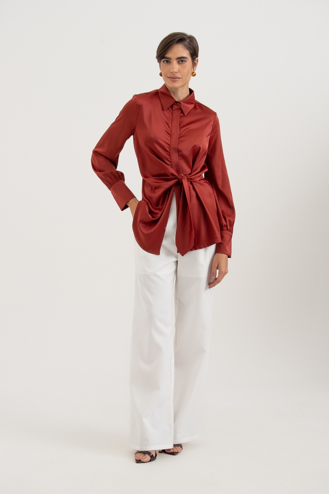 9038395 - Camisa Manga Longa Acetinada Amarração FERRUGEM 9038395 - Camisa Manga Longa Acetinada Amarração FERRUGEM