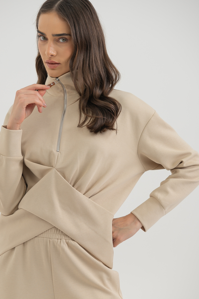 9038405 - Blusa Moletom Zíper E Transpasse AREIA