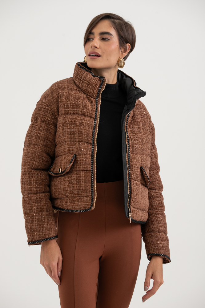 9038417 - Jaqueta Zíper Tweed Com Vivos E Bolsos MARROM