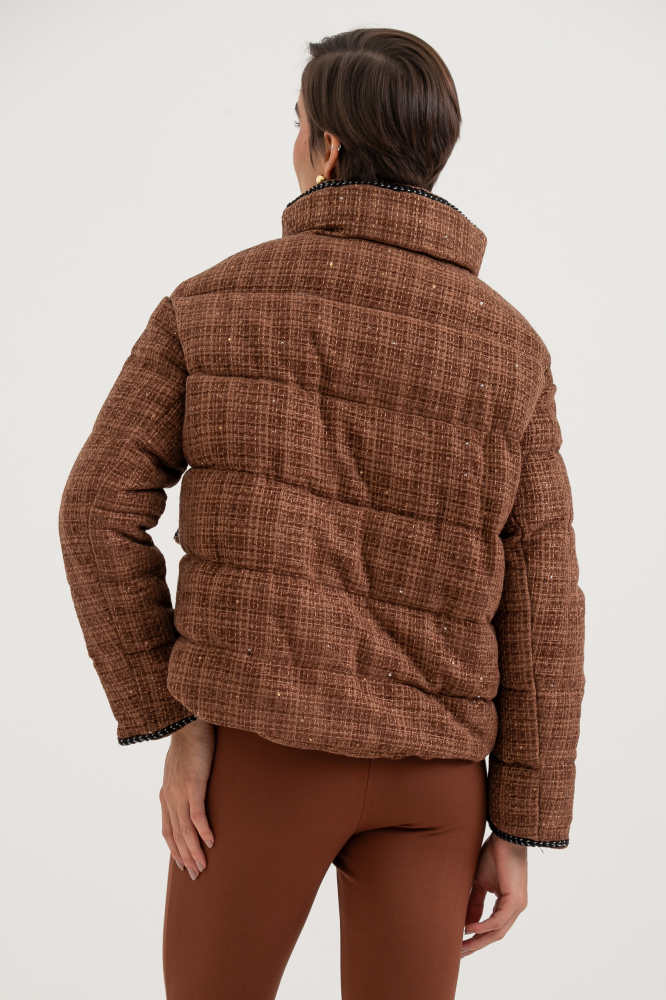 9038417 - Jaqueta Zíper Tweed Com Vivos E Bolsos MARROM