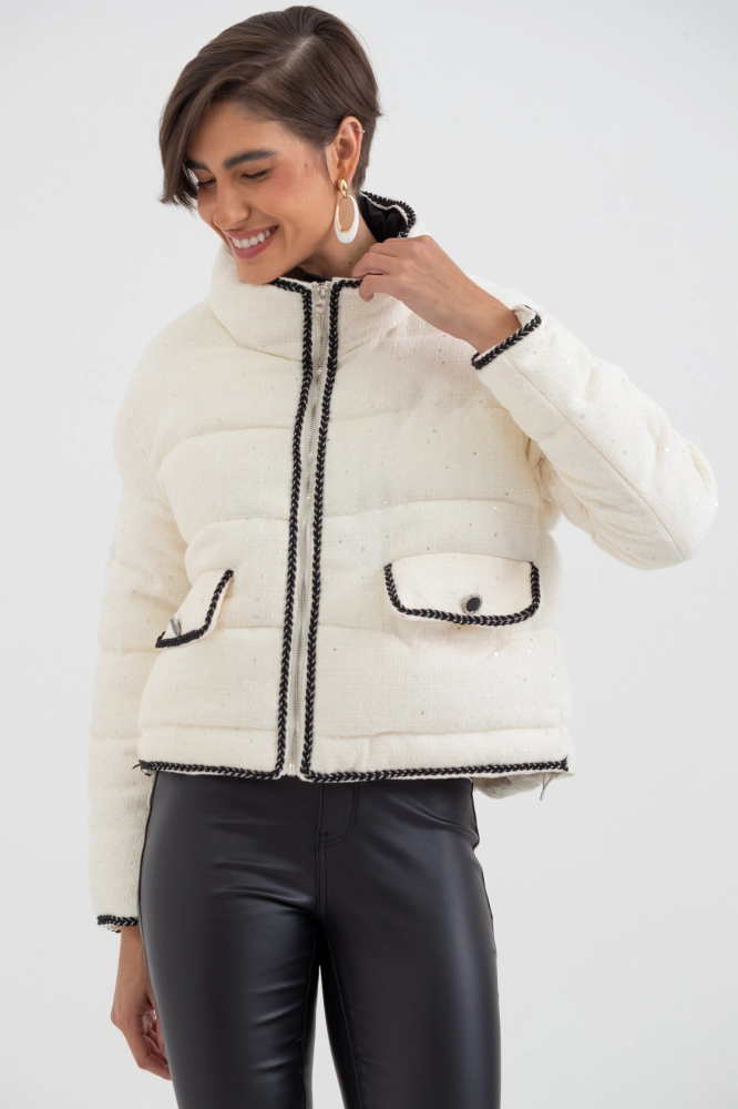 9038417 - Jaqueta Zíper Tweed Com Vivos E Bolsos OFF-WHITE 9038417 - Jaqueta Zíper Tweed Com Vivos E Bolsos OFF-WHITE - Imagem 2