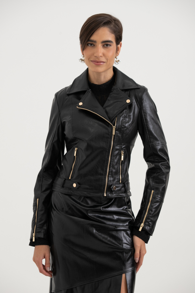 9038422 - Jaqueta De PU Com Gola Estruturada PRETO 9038422 - Jaqueta De PU Com Gola Estruturada PRETO