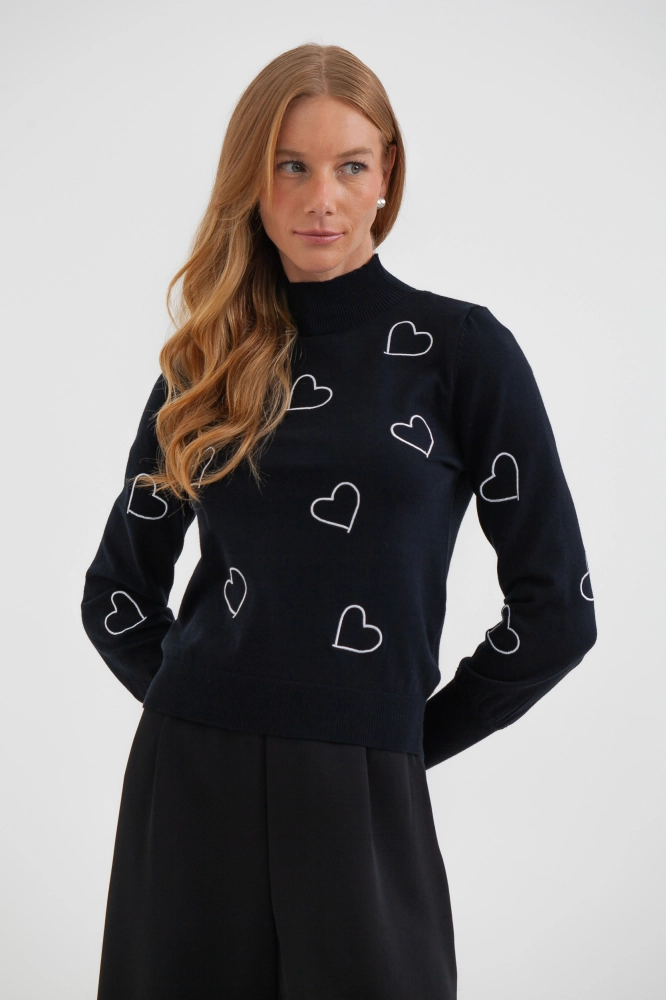 9038468 - Blusa Tricot Corações Manga Longa PRETO 9038468 - Blusa Tricot Corações Manga Longa PRETO - Imagem 1