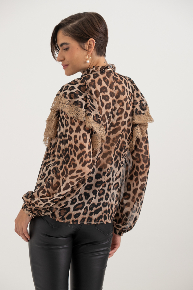 9038482 - Blusa Chiffon Animal Print Com Renda ONÇA