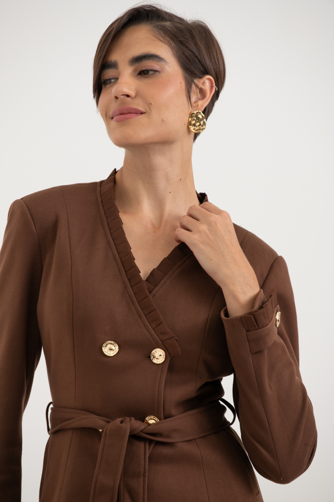 9038497 - Blazer Em Lã Batida Com Pregas Aplicadas MARROM 9038497 - Blazer Em Lã Batida Com Pregas Aplicadas MARROM