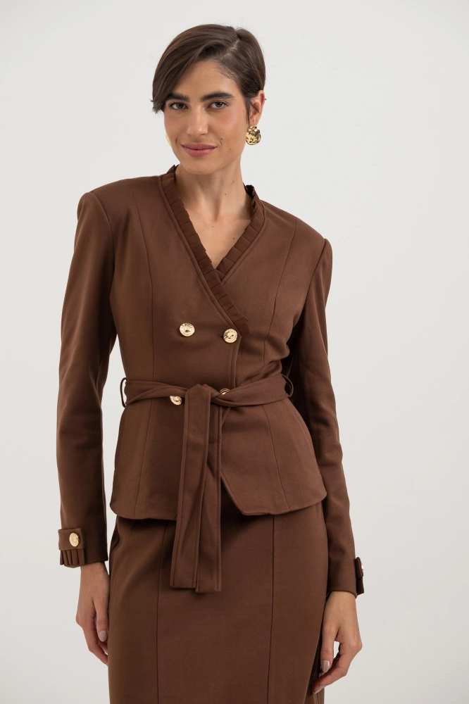 9038497 - Blazer Em Lã Batida Com Pregas Aplicadas MARROM - Imagem 1