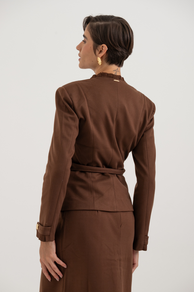 9038497 - Blazer Em Lã Batida Com Pregas Aplicadas MARROM 9038497 - Blazer Em Lã Batida Com Pregas Aplicadas MARROM