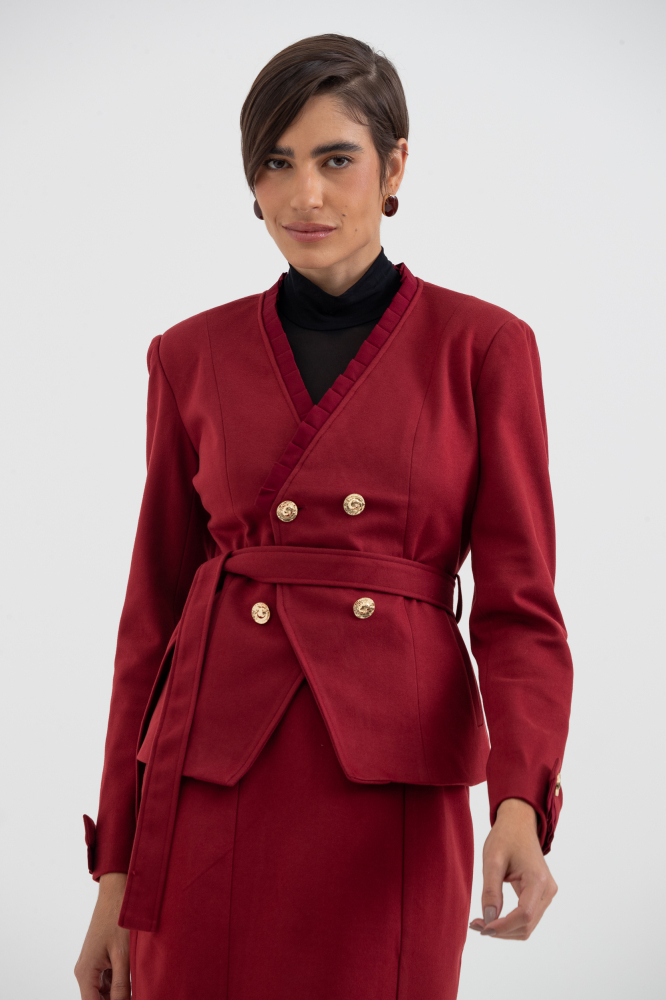 9038497 - Blazer Em Lã Batida Com Pregas Aplicadas VINHO 9038497 - Blazer Em Lã Batida Com Pregas Aplicadas VINHO