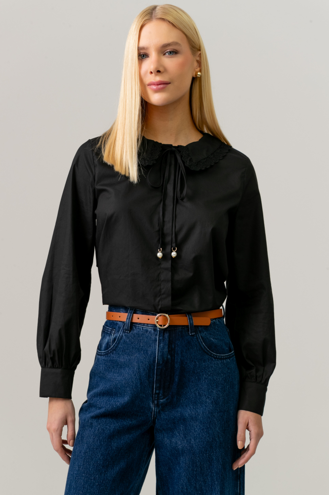 9038501 - Camisa Gola Com Renda PRETO