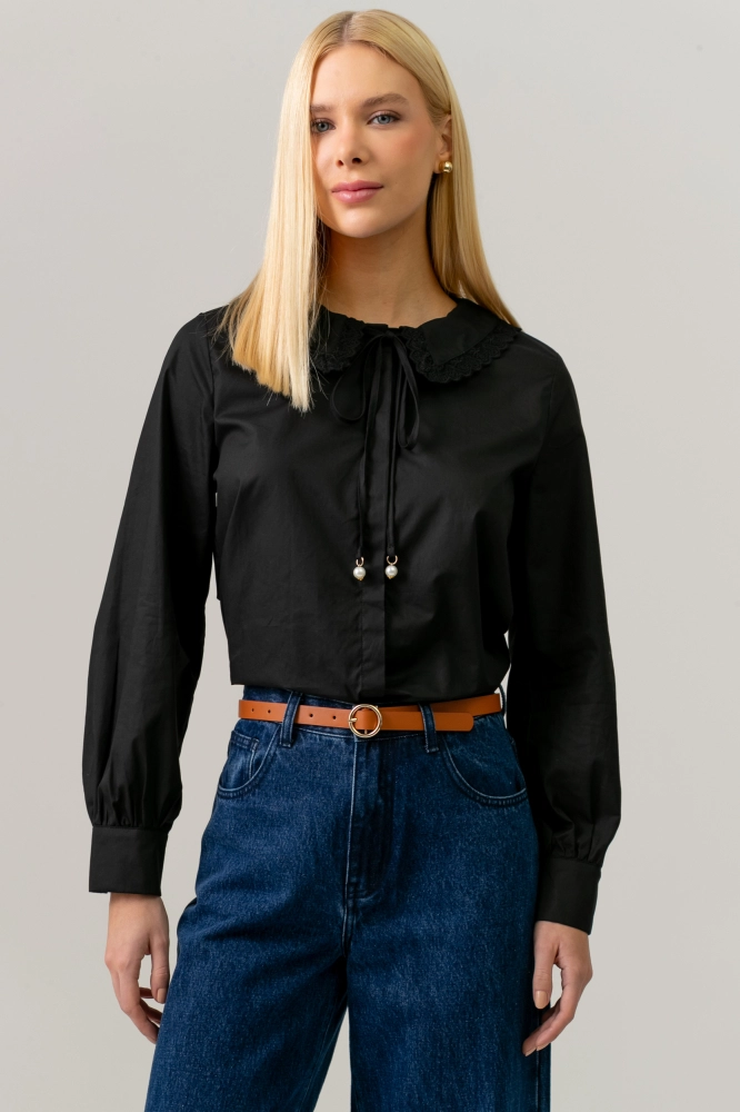 9038501 - Camisa Gola Com Renda PRETO 9038501 - Camisa Gola Com Renda PRETO - Imagem 1