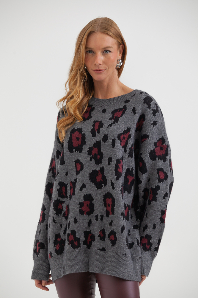 9038512 - Blusa Tricot Ampla Onça CINZA
