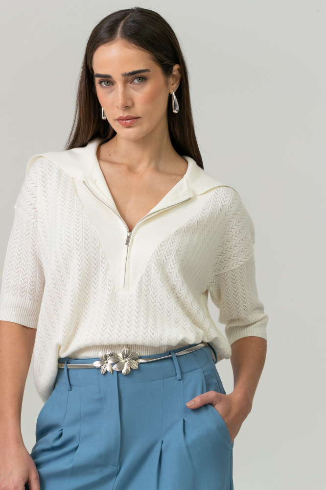 9038534 - Blusa Tricot Gola Ampla E Zíper OFF-WHITE 9038534 - Blusa Tricot Gola Ampla E Zíper OFF-WHITE