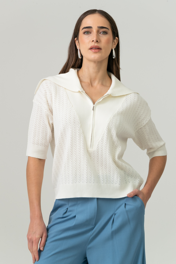 9038534 - Blusa Tricot Gola Ampla E Zíper OFF-WHITE 9038534 - Blusa Tricot Gola Ampla E Zíper OFF-WHITE
