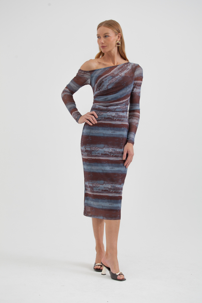 9038571 - Vestido Drapeado De Tule Estampado MARROM
