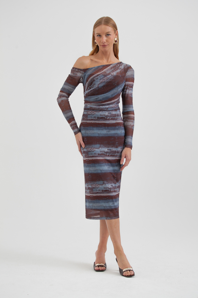 9038571 - Vestido Drapeado De Tule Estampado MARROM