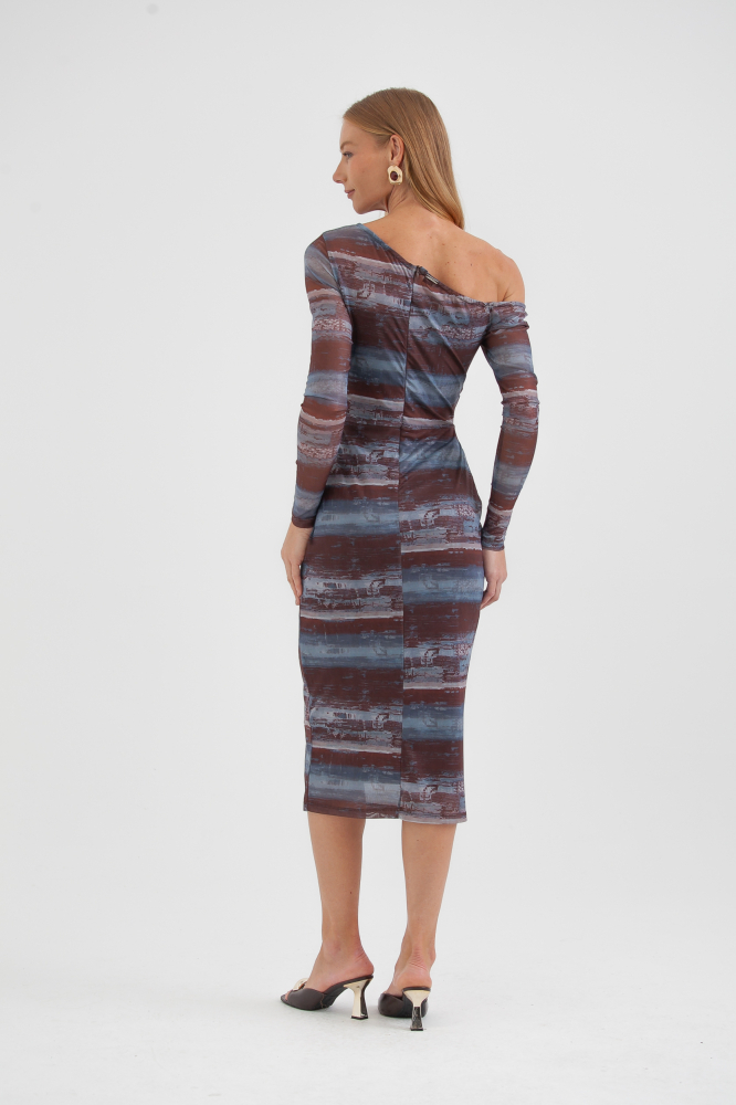 9038571 - Vestido Drapeado De Tule Estampado MARROM