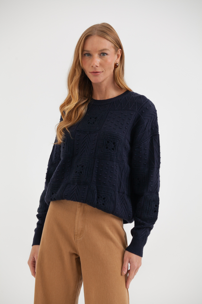 9038572 - Blusa Tricot Com Painéis Desenhados MARINHO 9038572 - Blusa Tricot Com Painéis Desenhados MARINHO