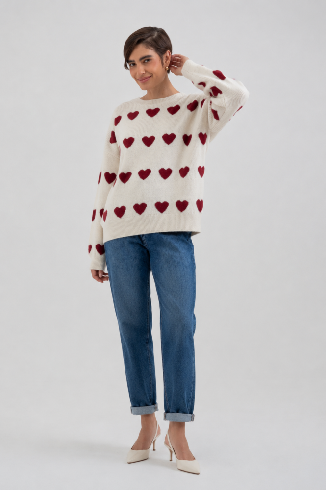 9038579 - Blusa Tricot Ampla Corações AREIA 9038579 - Blusa Tricot Ampla Corações AREIA