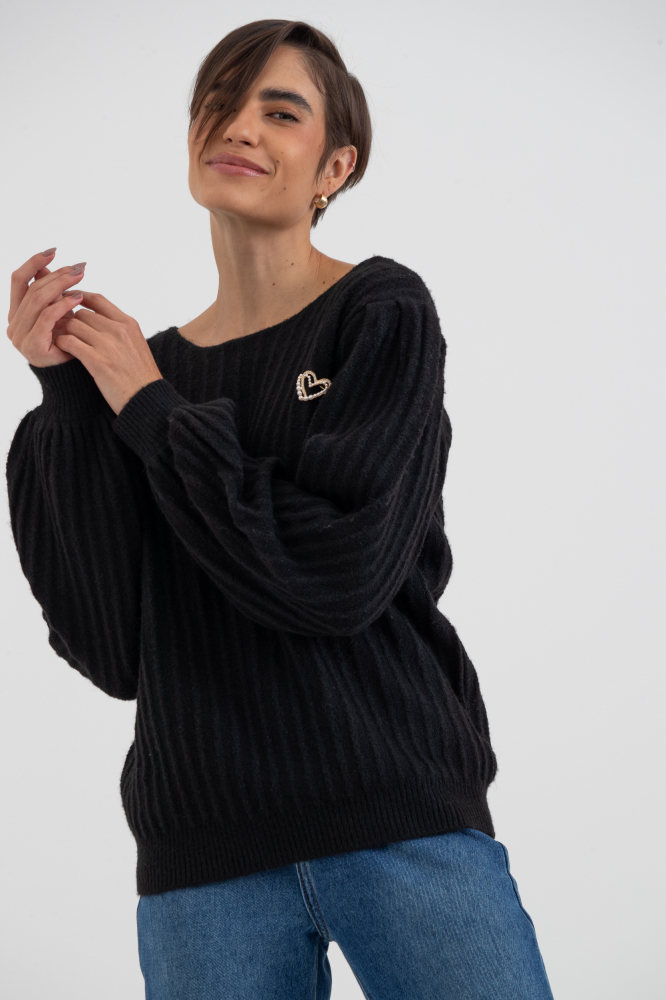 9038581 - Blusa Em Tricot Canelado Com Decote Canoa PRETO 9038581 - Blusa Em Tricot Canelado Com Decote Canoa PRETO