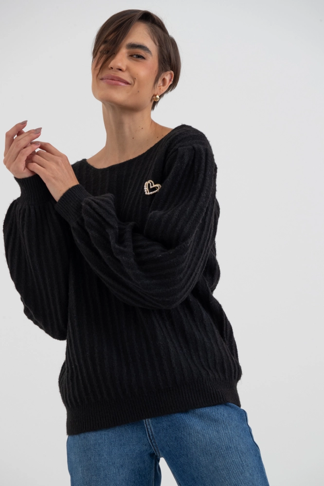 9038581 - Blusa Em Tricot Canelado Com Decote Canoa PRETO 9038581 - Blusa Em Tricot Canelado Com Decote Canoa PRETO - Imagem 1