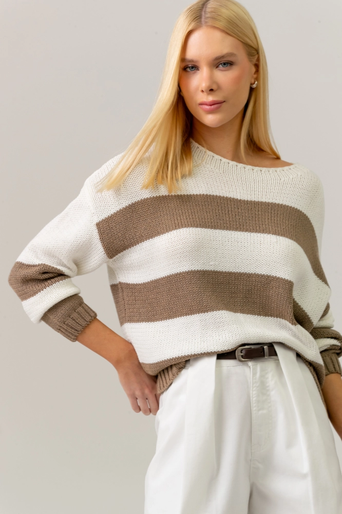 9038583 - Blusa Tricot Ampla Listrada CAQUI 9038583 - Blusa Tricot Ampla Listrada CAQUI - Imagem 1