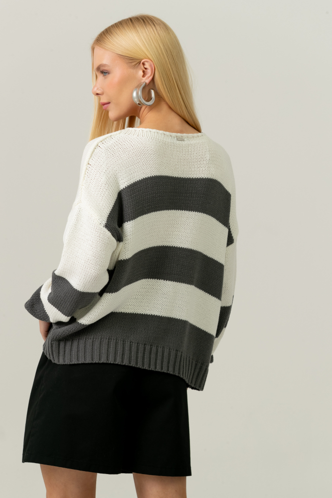 9038583 - Blusa Tricot Ampla Listrada CINZA 9038583 - Blusa Tricot Ampla Listrada CINZA