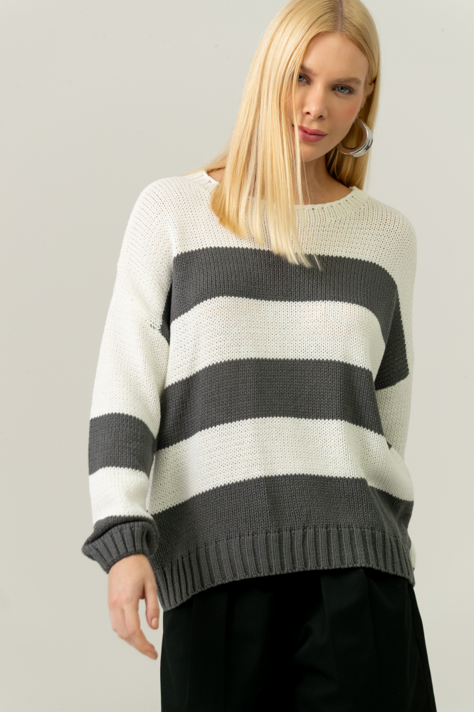 9038583 - Blusa Tricot Ampla Listrada CINZA 9038583 - Blusa Tricot Ampla Listrada CINZA