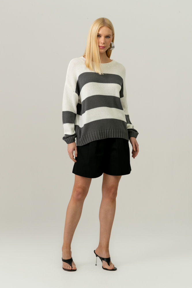 9038583 - Blusa Tricot Ampla Listrada CINZA 9038583 - Blusa Tricot Ampla Listrada CINZA
