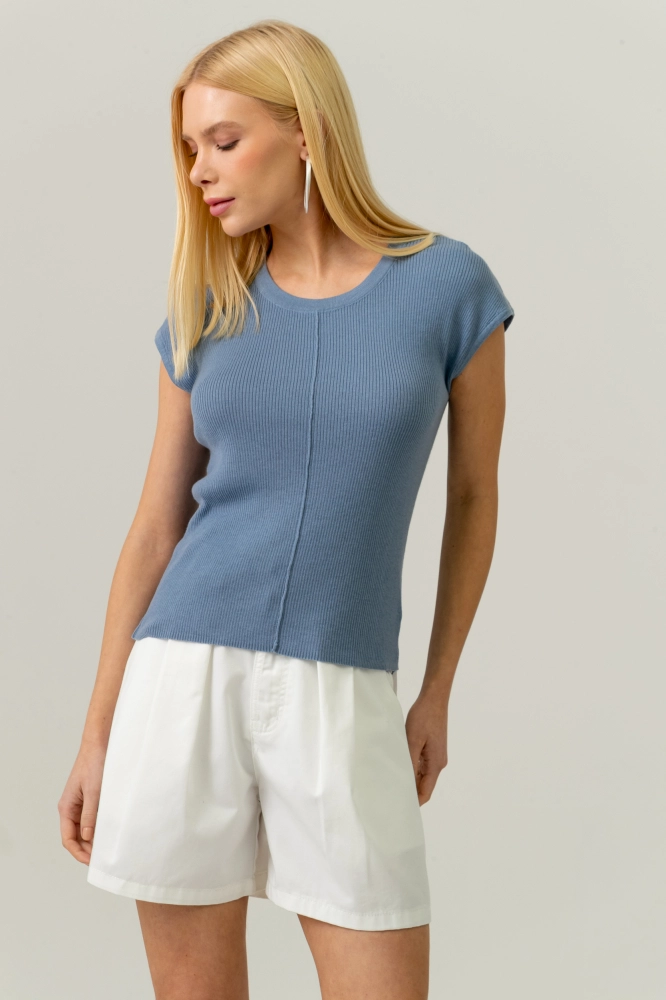 9038591 - Blusa Tricot Manga Caída Com Friso Frontal AZUL 9038591 - Blusa Tricot Manga Caída Com Friso Frontal AZUL - Imagem 2