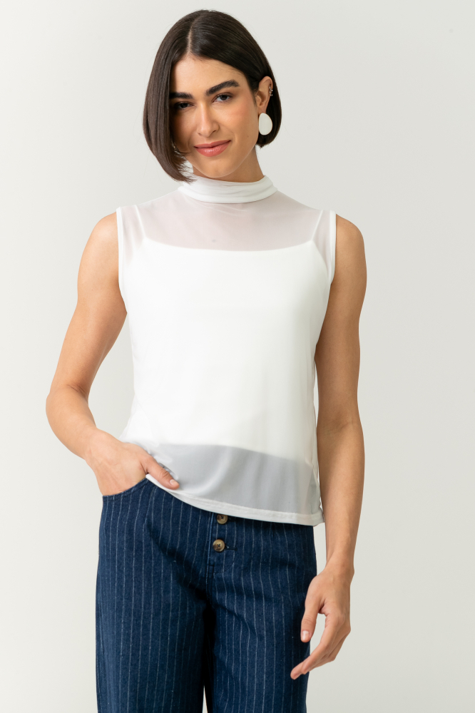 9038596 - Blusa Sem Manga Gola Alta Tule OFF-WHITE