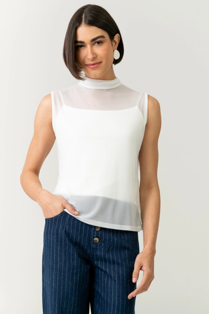9038596 - Blusa Sem Manga Gola Alta Tule OFF-WHITE 9038596 - Blusa Sem Manga Gola Alta Tule OFF-WHITE - Imagem 1
