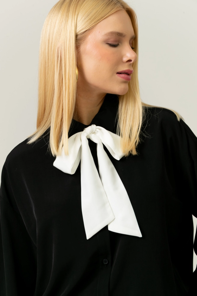 9038655 - Camisa Com Laço Contrastante PRETO 9038655 - Camisa Com Laço Contrastante PRETO - Imagem 2
