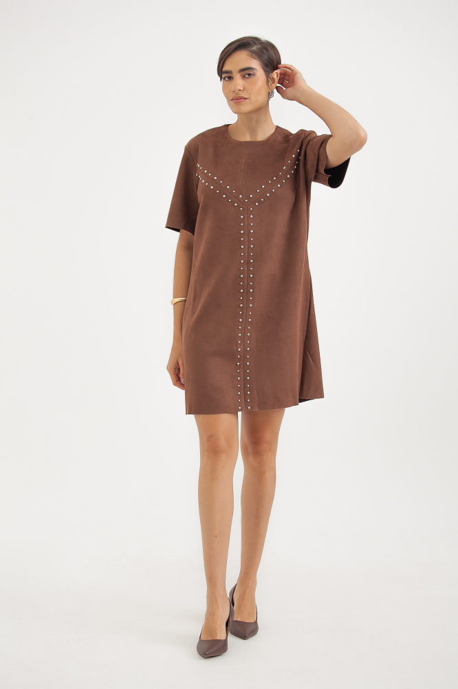 9038659 - Vestido Suede Tachas MARROM 9038659 - Vestido Suede Tachas MARROM