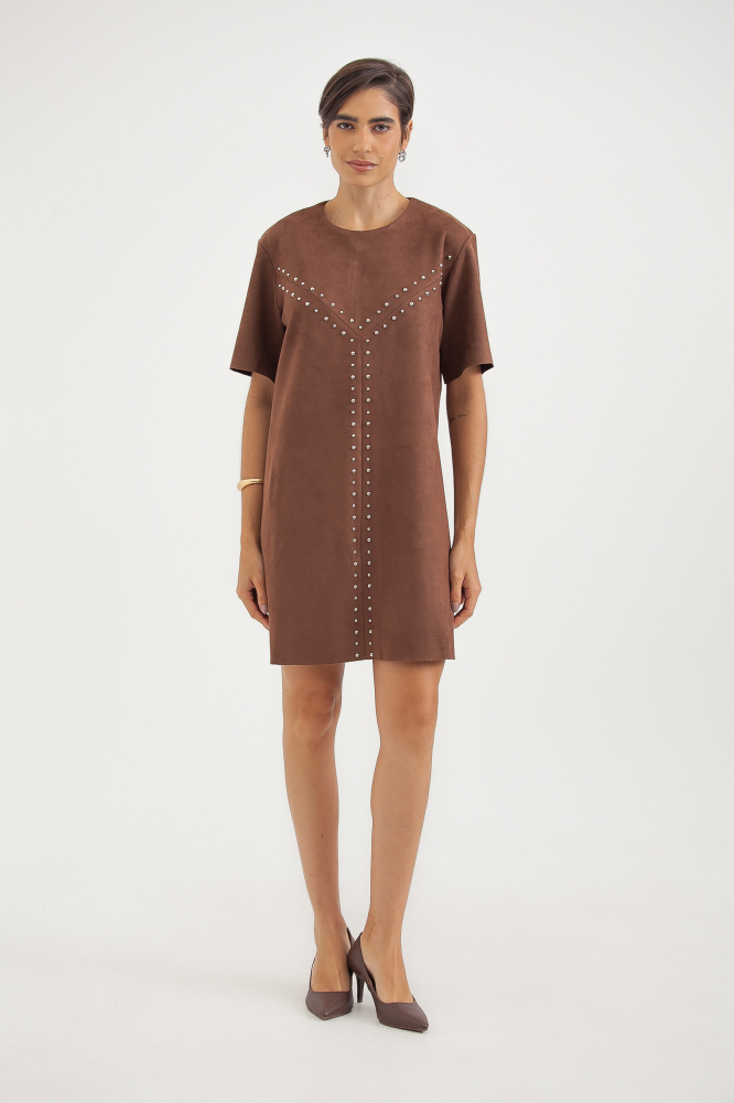 9038659 - Vestido Suede Tachas MARROM 9038659 - Vestido Suede Tachas MARROM