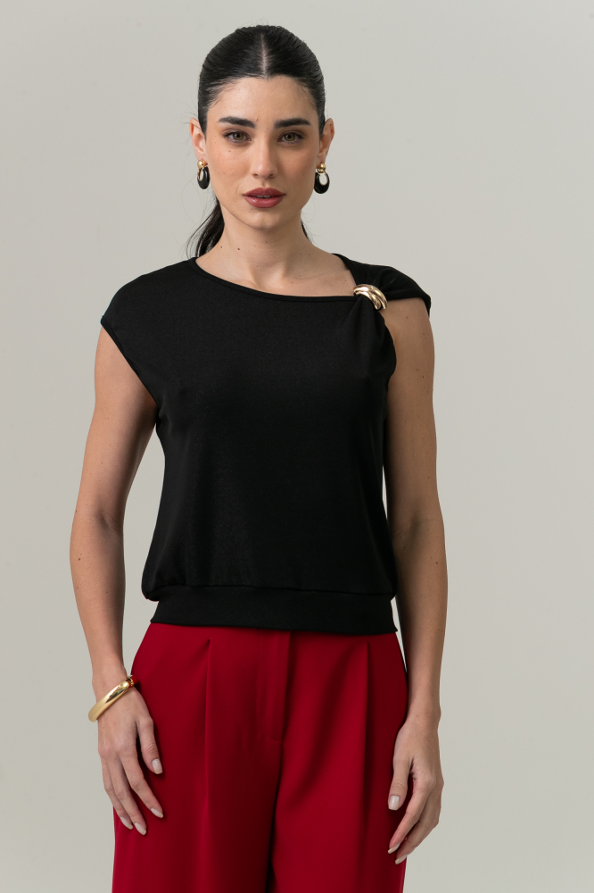 9038670 - Blusa Lurex Assimétrica Aviamento PRETO
